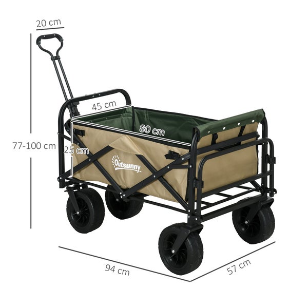 Outsunny Bollerwagen Klappbarer Lastenwagen, Transportwagen mit Griff, Strandwagen, Gartenwagen mit Tragetasche, max. 100 kg Belastbar, Oxford, Khaki