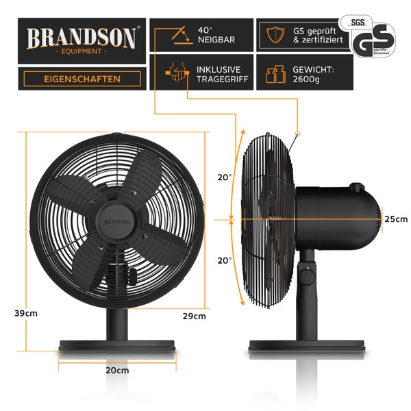 Brandson Tischventilator Design Retro, Ventilator mit 3 Geschwindigkeitsstufen, 80° oszillierend, ca. 40° neigbar, Robustes Vollmetallgehäuse
