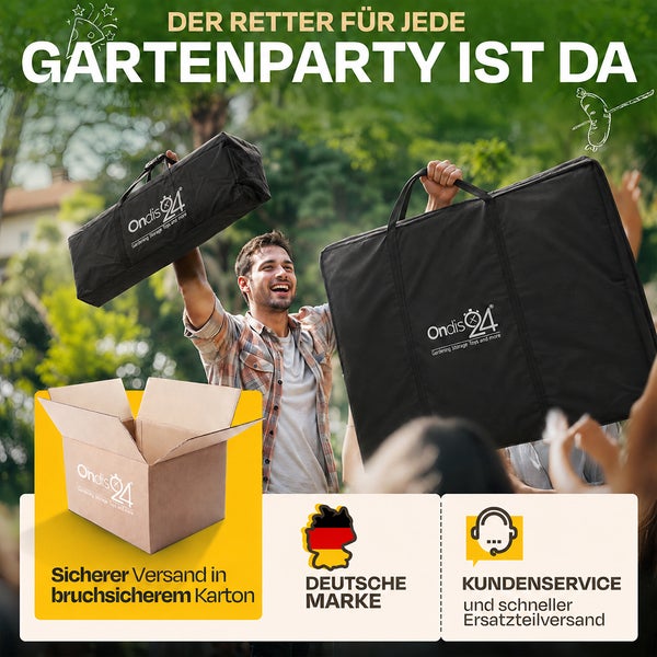 Mann auf Gartenparty mit Ondis24 Transporttaschen. Informationen zu sicherem Versand im Karton, deutscher Marke und Kundenservice.