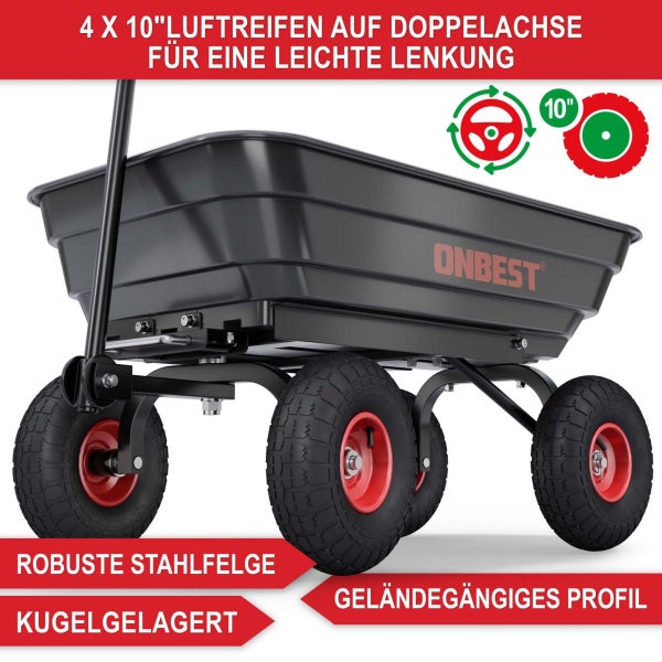 Gartenkarre von ONBEST mit schwarzer Kunststoffwanne und vier 10 Zoll Luftreifen auf Doppelachse. Robuste Stahlfelgen und geländegängiges Profil.