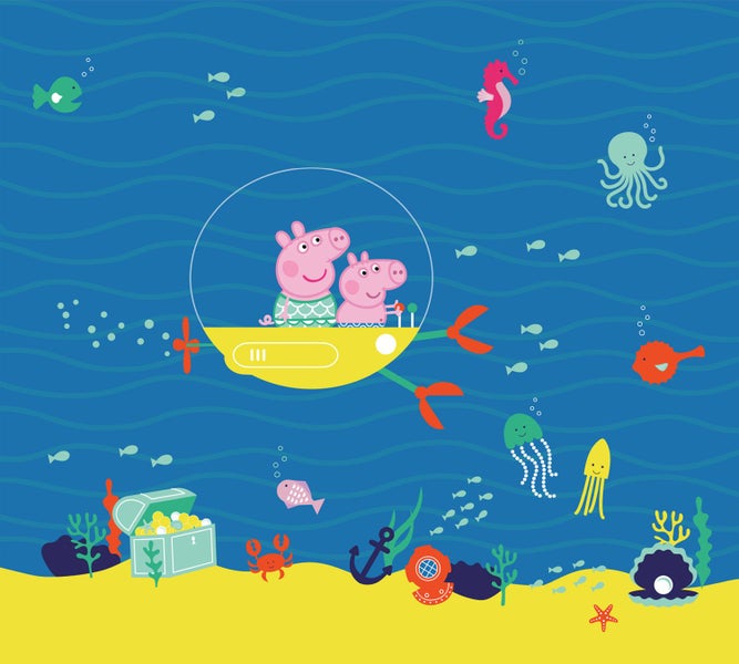 Illustration von Peppa Pig und ihrer Familie in einem gelben U-Boot mit Meereslebewesen