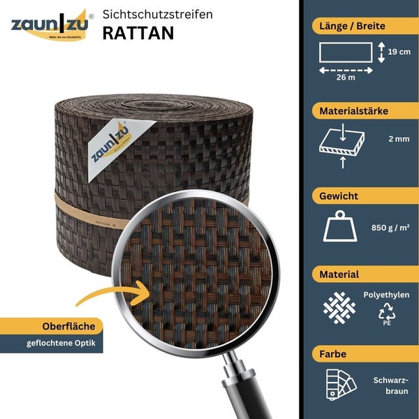 Zaun zu Sichtschutzstreifen Rattan, 26 Meter Länge, Material Polyethylen