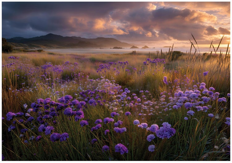 Blumenwiese am Strand mit Bergen im Hintergrund unter bewölktem Himmel