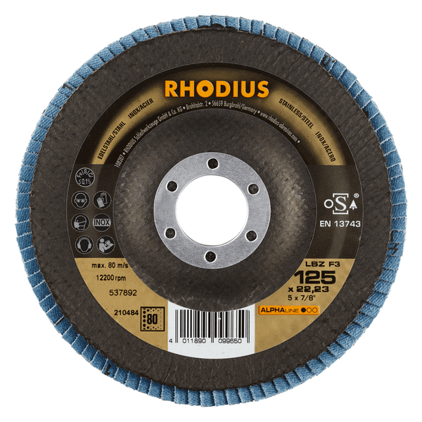RHODIUS Fächerscheibe LSZ F3, 10 Stück, 125 x 22,23 mm, Korn 80, für Edelstahl, Stahl, Metall, ALPHAline