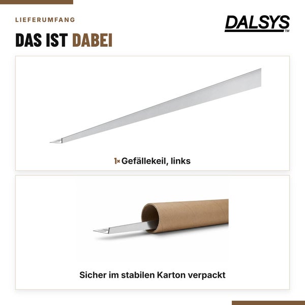 Lieferumfang von einem Dalsys Gefällekeil links, sicher verpackt in einer stabilen Papprolle.