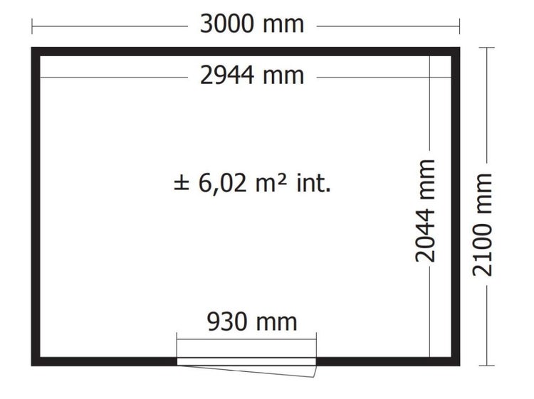 Technischer Grundriss eines Gartenhauses mit Außenmaßen von 3000 mal 2100 Millimeter und einer Innenfläche von plus minus 6,02 Quadratmeter.
