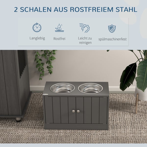 Graue Hundenapfstation mit zwei Edelstahlschalen im Schrankdesign. Merkmale: langlebig, rostfrei, leicht zu reinigen und spülmaschinenfest.