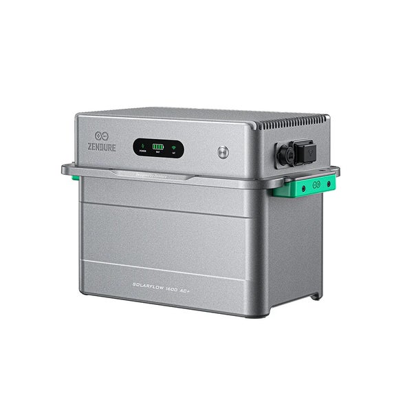 Grauer Zendure SolarFlow 1600 AC+ Solarspeicher für Balkonkraftwerke, kompaktes Metallgehäuse mit digitaler Anzeige.