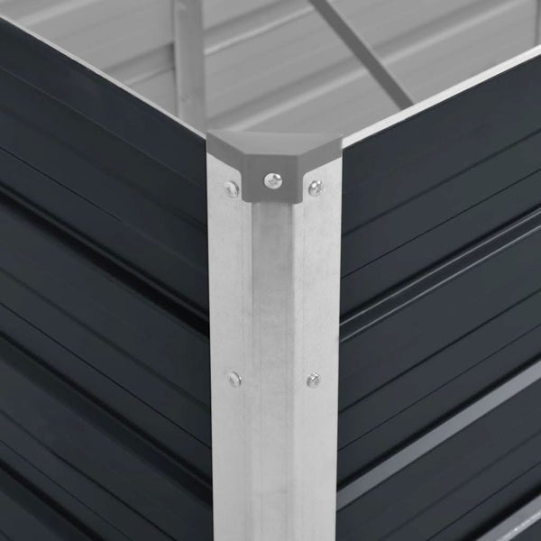 Detailansicht der Eckverbindung eines Hochbeets aus Metall mit Wellblechprofil und stabilen Eckpfosten.