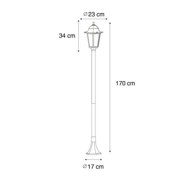Maßzeichnung Außenstandleuchte: Gesamthöhe 170 Zentimeter, Kopfhöhe 34 Zentimeter, Kopfdurchmesser 23 Zentimeter und Fußdurchmesser 17 Zentimeter.