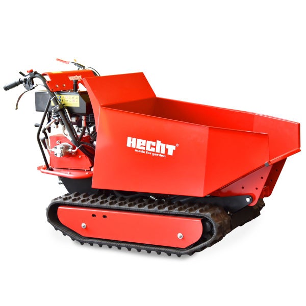 Hecht Raupendumper in Rot mit Kettenantrieb und Mulde für den Transport von Baumaterialien und Schüttgut.