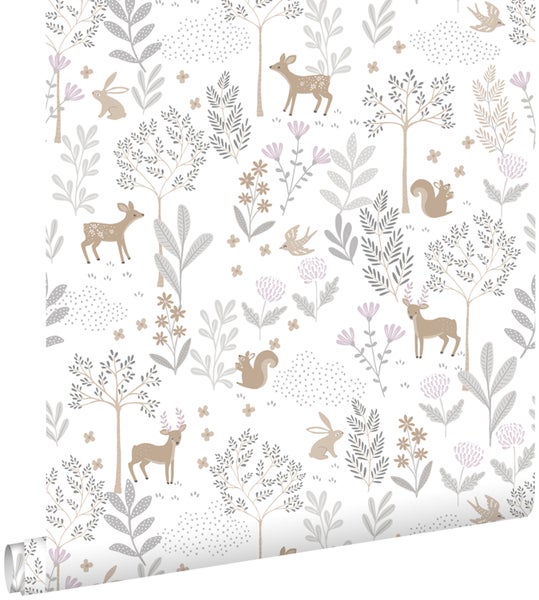 ESTAhome Tapete Wald mit Waldtieren Violett und Beige - 53 cm x 10.05 m - 139520