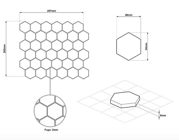 Illustration von Sechseckfliesen mit Maßangaben