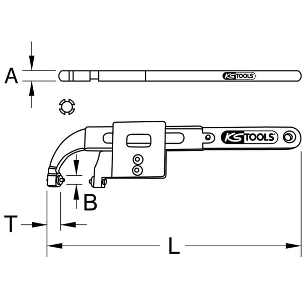 KS Tools Abzieher Schema mit den Maßen A, B, T und L. KS Tools Logo