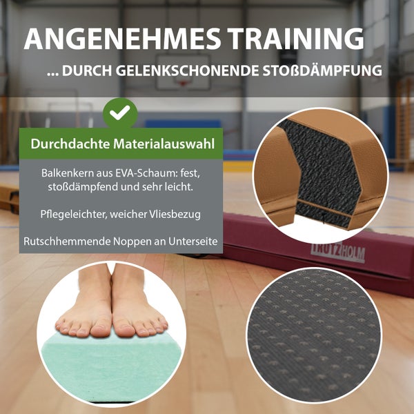 Faltbarer Schwebebalken für Turnen und Koordination, leicht transportierbar mit Tragetasche, Gewicht 2,2 Kilogramm, belastbar bis 100 Kilogramm.