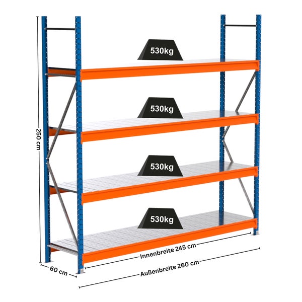 Metallregal mit vier Regalböden und einer Traglast von 530 Kilogramm pro Boden