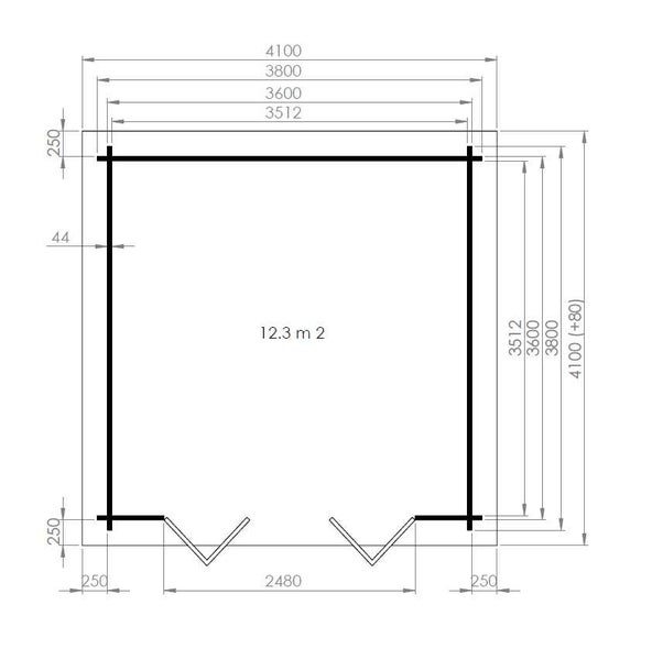 Grundriss eines Gartenhauses mit Maßen in Millimetern, 12,3 Quadratmeter Fläche, 44 Millimeter Wandstärke und einer Doppeltür.