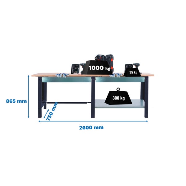 Werkbank BUFFALO WOOD mit 2x Schublade| HxBxT 86,5x260x75cm | Traglast 1000kg | Anthrazit