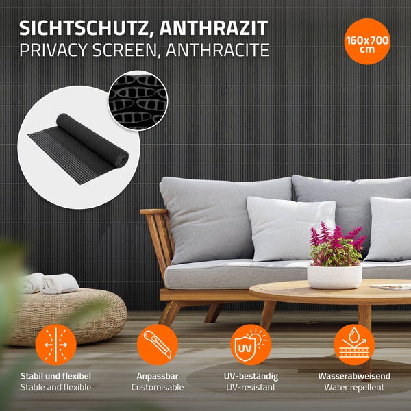 ECD Germany PVC Sichtschutzmatte 160x700 cm (1x3m + 1x4m) Anthrazit, Sichtschutzzaun 3-Gewicht-Verstärkung, UV-beständig, Windschutz Balkonverkleidung Zaunblende Sichtschutz für Garten Balkon Terrasse