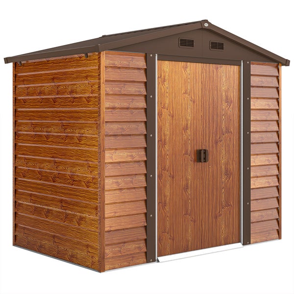 Outsunny Gerätehaus Metall im Holzoptik 3 m² 152 x 235,7 x 208,7 cm Geräteschuppen mit Satteldach Fenster Doppel Schiebetüren wetterfest Gartenhaus Outdoor Garten Schuppen für Hinterhof Braun