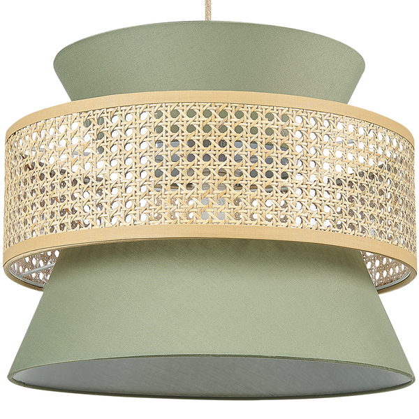 Lampenschirm aus grünem Textil mit Zierband aus Rattan-Geflecht und beigem Textilrand.