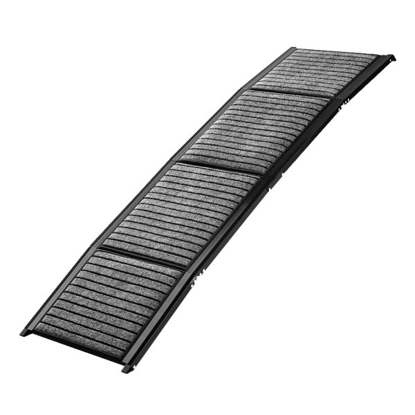 Klappbare Hundeterampe mit rutschfester grauer Lauffläche und schwarzem Rahmen.