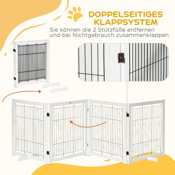 PawHut Türschutzgitter Holz Absperrgitter für Hunde Schutzgitter Hundegitter Sicherheitstür Bidirektionales Falten Stahl Weiß 305 x 35,5 x 82 cm