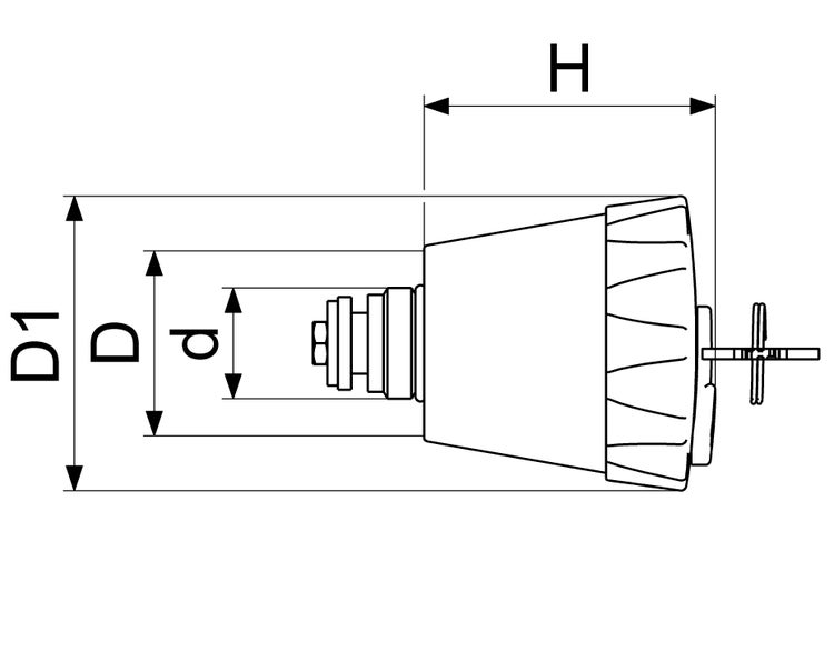 Technische Zeichnung eines Thermostatkopfs mit den Maßangaben D1, D, d und H.