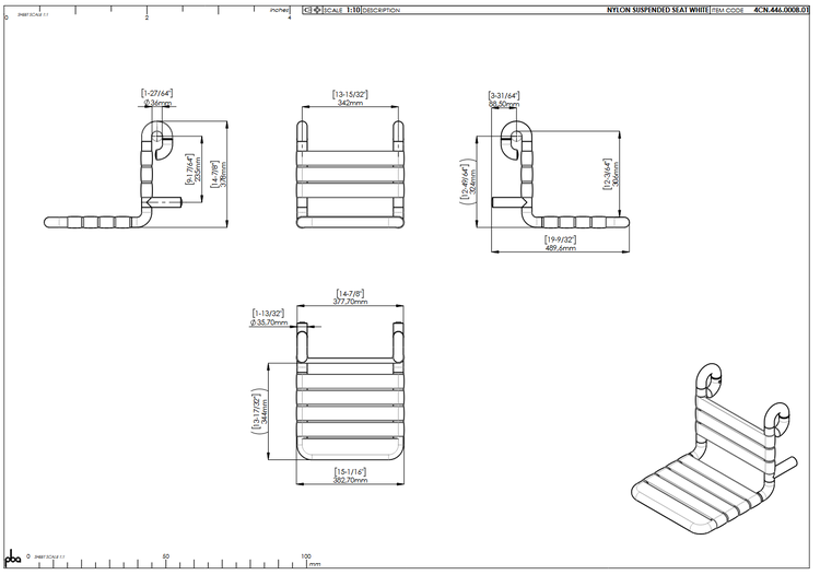 Maßzeichnung eines weißen Duschklappsitzes aus Nylon mit verschiedenen Ansichten und Maßangaben in Millimetern, pba Logo.