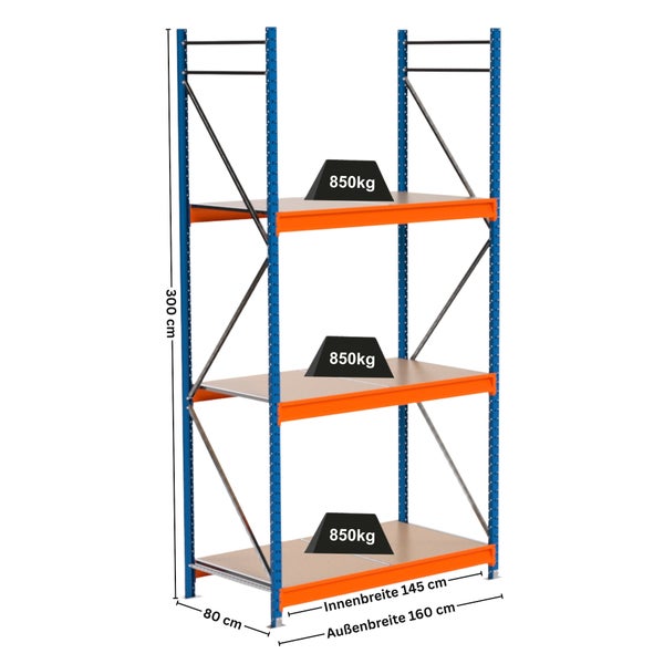 Lagerregal mit drei Ebenen und Maßangaben