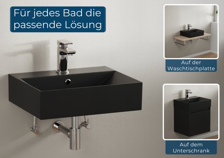 Aqua Bagno Loft Waschbecken KS.AN.50 – 50 x 42 cm – Schwarz Matt – Keramikbecken mit Hahnloch & Überlauf