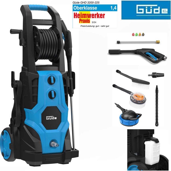 Güde Hochdruckreiniger GHD 3200-225 mit Zubehörset, Schlauchtrommel und Heimwerker Praxis Testurteil eins Komma vier Oberklasse. Güde Logo.