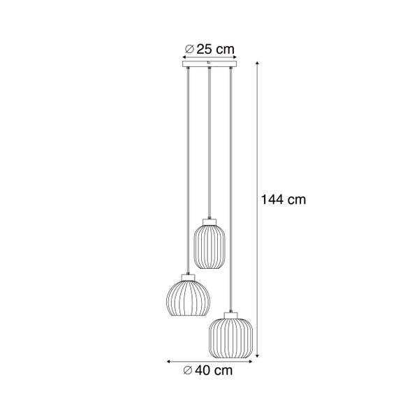 Maßzeichnung einer 3-flammigen Pendelleuchte: Höhe 144 Zentimeter, oberer Durchmesser 25 Zentimeter, unterer Durchmesser 40 Zentimeter.