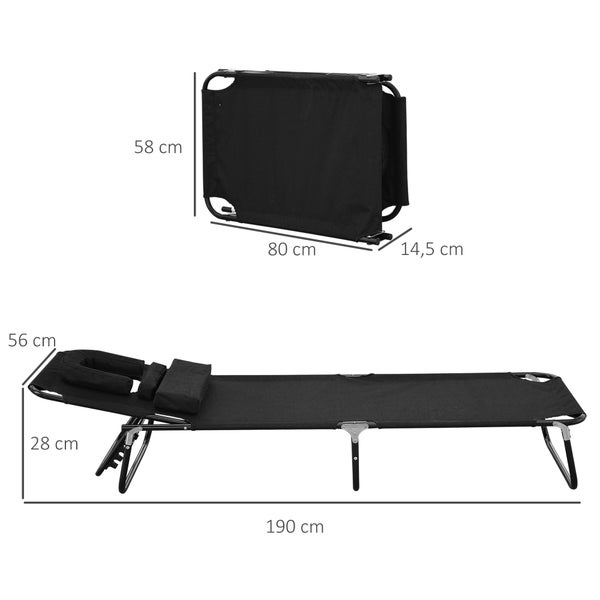 Campingliege mit den Maßen: zusammengeklappt 80 cm x 58 cm x 14,5 cm und aufgebaut 190 cm x 56 cm x 28 cm