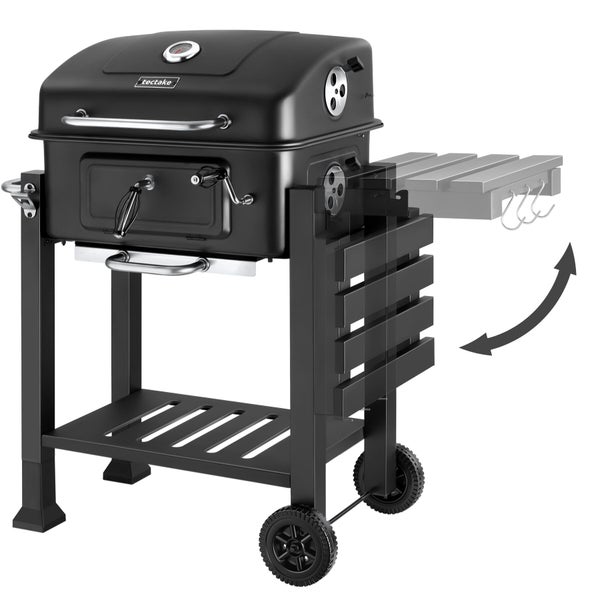 tectake Holzkohlegrill mit klappbarer Seitenablage, Thermometer, Flaschenöffner und Rädern. Die Ablage ist in zwei Positionen dargestellt.