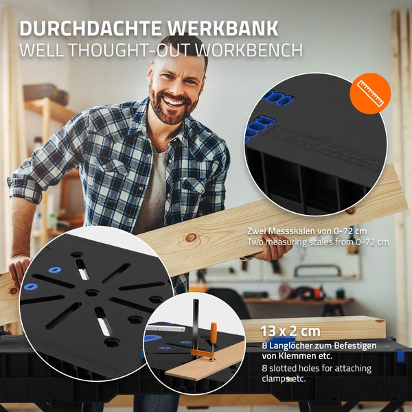 ECD Germany Werkbank klappbar, 86x55x80 cm, Werktisch erweiterbar, bis 150 kg belastbar, Aufgedruckte 2 Messskalen, große Arbeitsfläche, Sägebock Arbeitstisch Werkstatt mit Metallbeinen und Tragegriff
