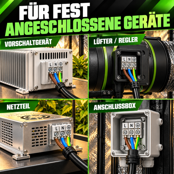 Beispielhafte Darstellung elektrischer Anschlüsse für fest angeschlossene Geräte wie Vorschaltgerät, Lüfter, Netzteil und Anschlussbox.