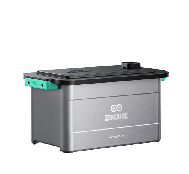 Zendure Solarspeicher AB2000L, rechteckiger grauer Akku mit schwarzem Deckel, grünen Griffen und Zendure Logo.