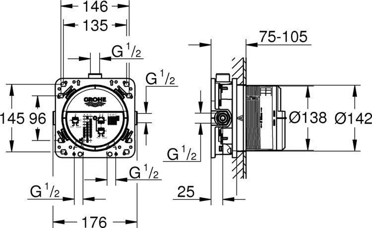 Technische Zeichnung der Grohe Rapido SmartBox mit Maßen in Millimeter, Frontal- und Seitenansicht, Anschlüssen G 1/2 und Grohe Logo.