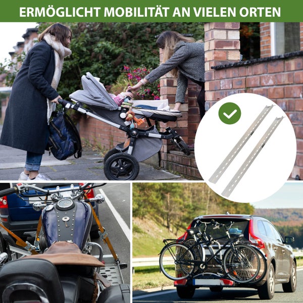 Das Bild zeigt eine Collage zum Thema Mobilität, die Rampen für Rollstühle, einen Motorradanhänger und einen Fahrradträger für ein Auto umfasst.