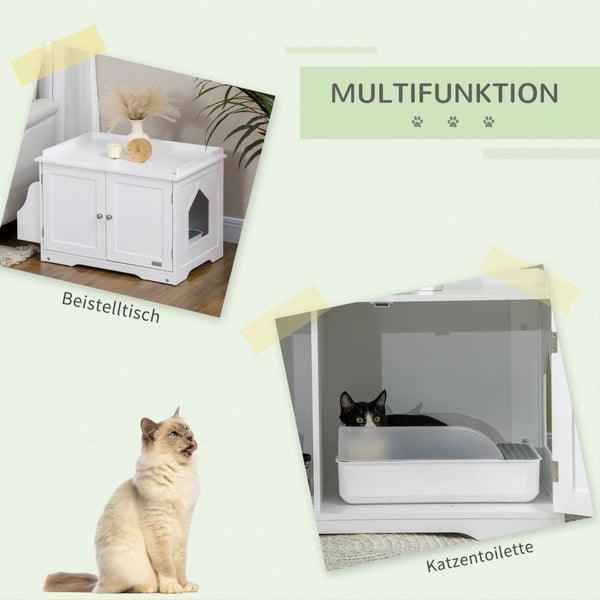 PawHut Katzenschrank für Katzentoilette, Katzenklo mit Magnettüren, Katzenhaus mit verstellbarem Trennwand, Katzenhöhle mit großem Stauraum, Beistelltisch, Weiß, 86 x 48 x 52 cm