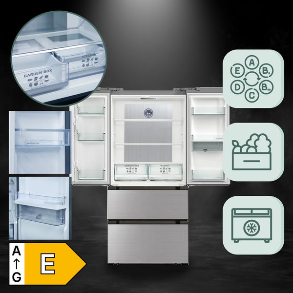 Kaiser French Door Kühlschrank mit Gefrierschubladen, Garden Box, Vitamin Fach, Energieeffizienzklasse E und verschiedenen Ablagefächern.