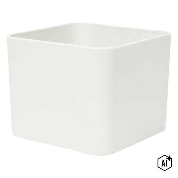 Quadratischer weißer Pflanztopf mit abgerundeten Ecken.