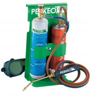 Perkeo Lötset mit zwei Gasflaschen, Tragegestell, Brenner, Schläuchen und Schutzbrille.