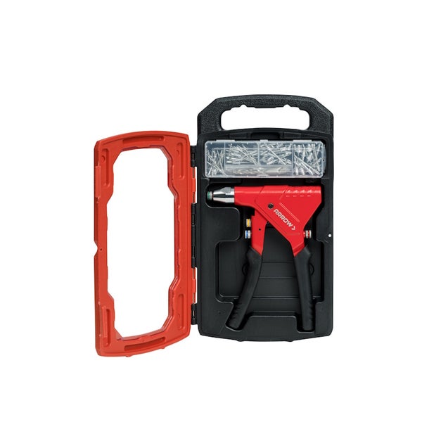 Arrow Handnietzangen-Set im Koffer mit Blindnieten, Werkzeug in Rot und Schwarz mit Arrow Logo.