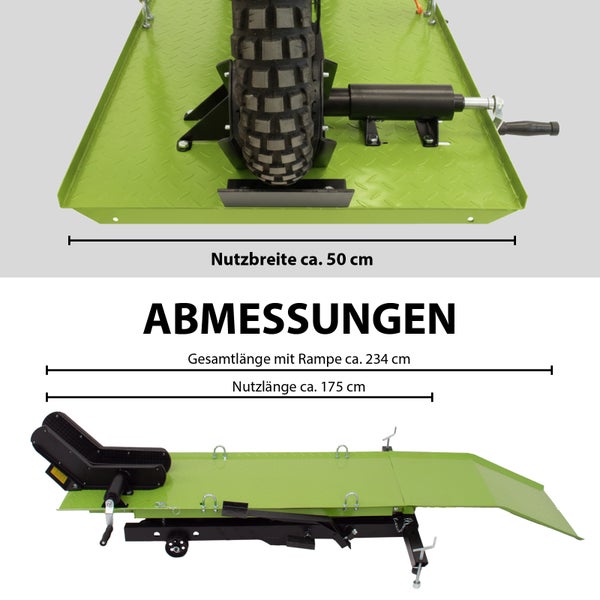 Abbildung der Abmessungen einer Motorradhebebühne mit Radklemme und Rampe