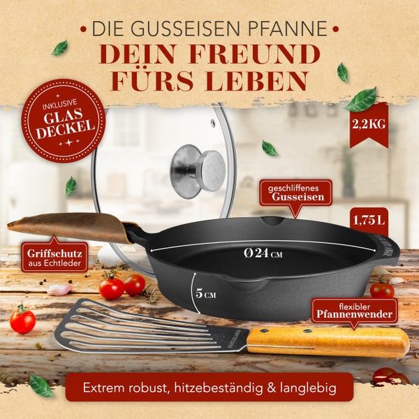 KRUSTENZAUBER 24cm Gusseisenpfanne Induktion Set - Fein Geschliffene Gusseisen Pfanne - Ideale Grillpfanne Induktion, Eisenpfanne, Cast Iron Pan, Bratpfanne, Gusseiserne Pfanne Skillet Gusspfanne