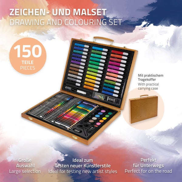 ECD Germany 150-Teiliges Malset mit Holzkoffer, Malkoffer, Malkasten, Kunst- und Zeichenset, Acrylfarben Buntstifte Farbstifte Wachsmalstifte Aquarell & Zubehör, Künstler Set zum Zeichnen, Kunstbedarf