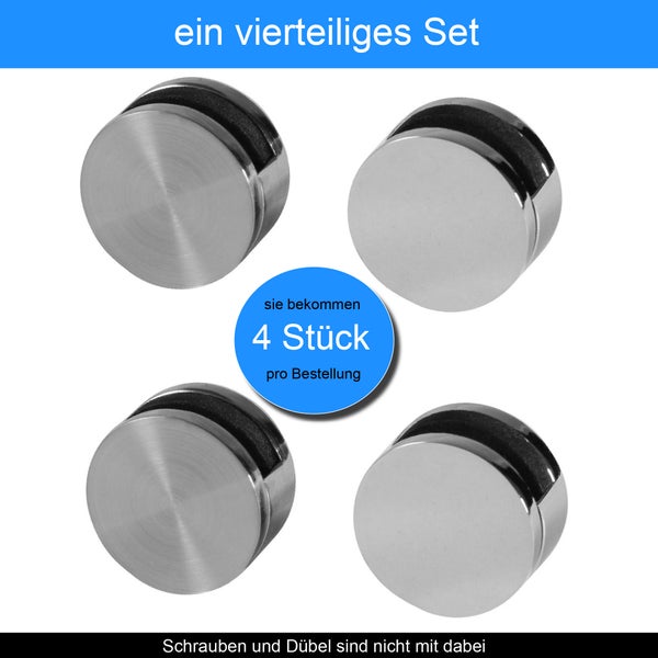 Set aus vier runden Glasbodenträgern zur Wandmontage, geeignet für Regalböden ohne Bohrung