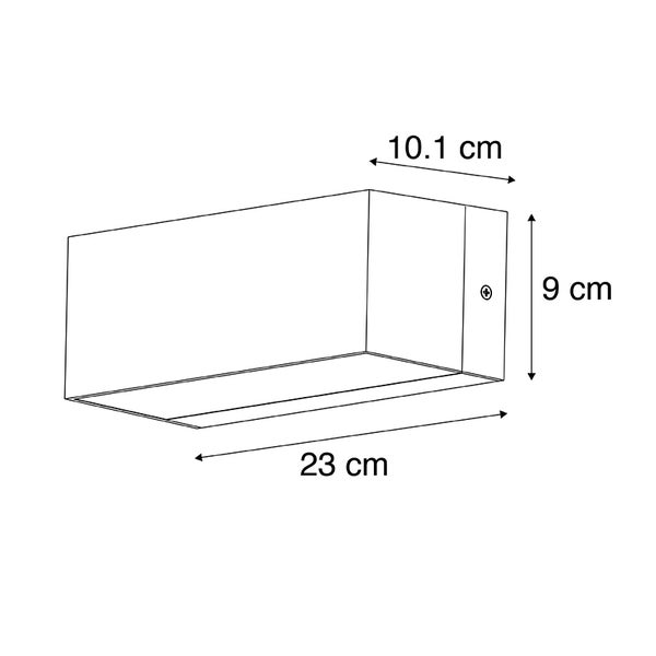 Technische Zeichnung einer rechteckigen Wandleuchte mit den Maßen: Länge 23 Zentimeter, Höhe 9 Zentimeter und Tiefe 10.1 Zentimeter.